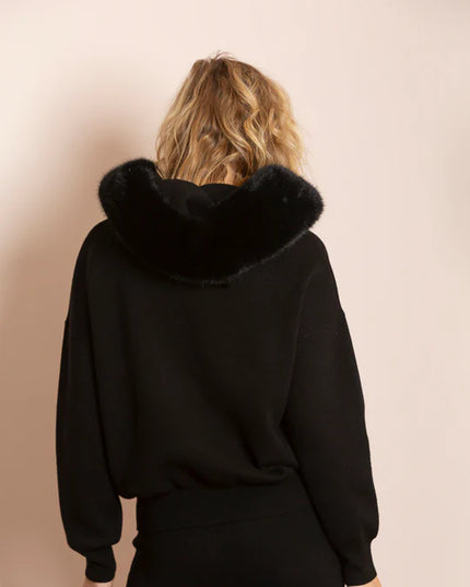 Madilyn Wool Blended Hooded Sweater with Detachable Faux Fur Trim