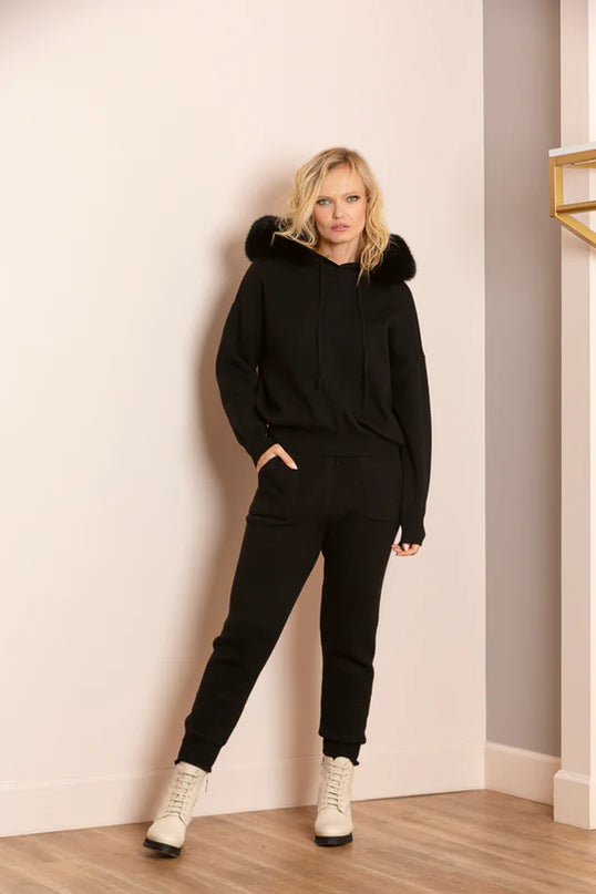 Madilyn Wool Blended Hooded Sweater with Detachable Faux Fur Trim