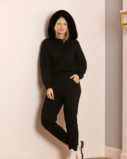 Madilyn Wool Blended Hooded Sweater with Detachable Faux Fur Trim
