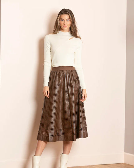 Serena Perforated Pleather Gathered Midi Skirt