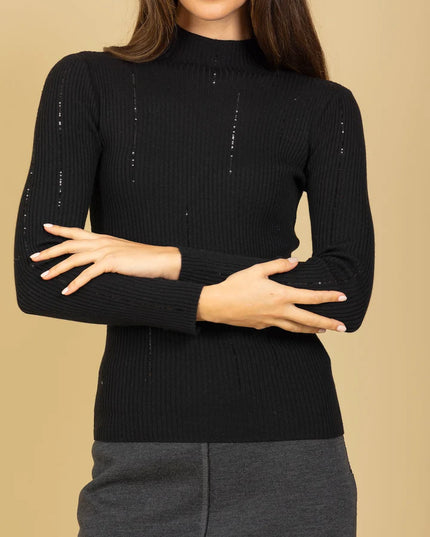 Merino Wool Blend Lightweight Mock Neck Ribbed Knit Top w/ Sequin details