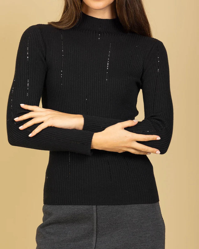 Merino Wool Blend Lightweight Mock Neck Ribbed Knit Top w/ Sequin details