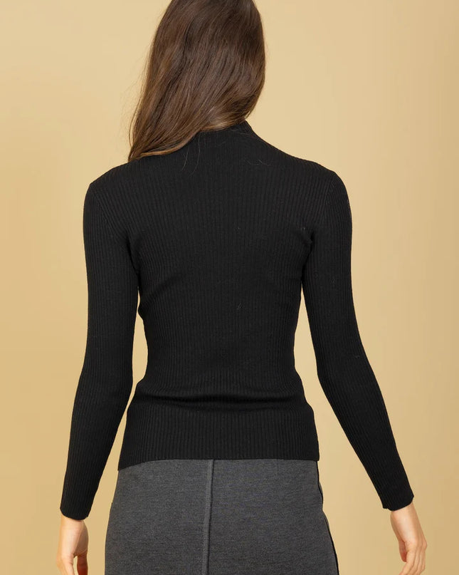 Merino Wool Blend Lightweight Mock Neck Ribbed Knit Top w/ Sequin details