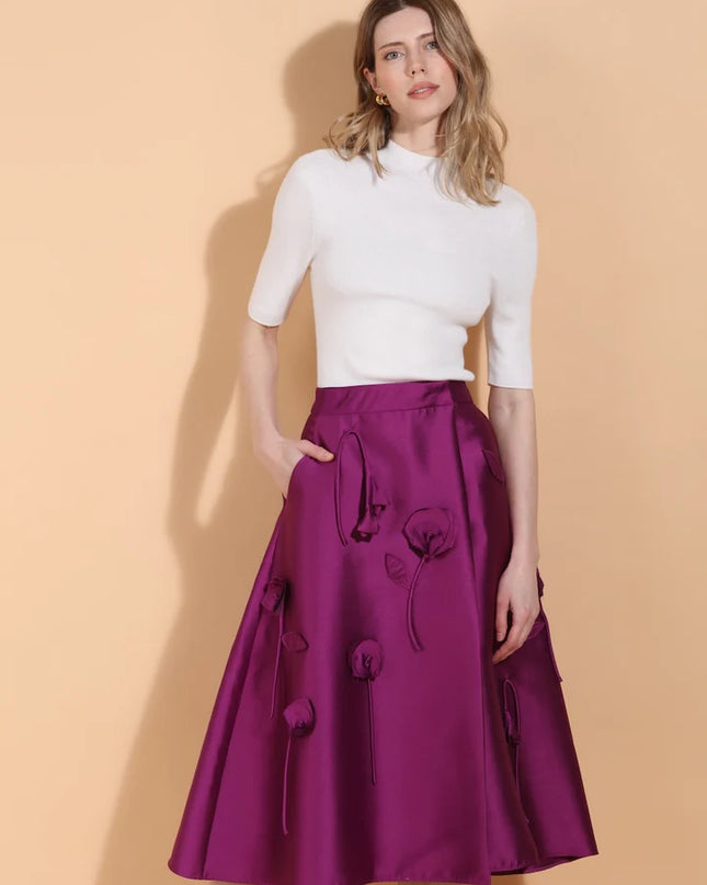 Wool Silk Blended Wrap Skirt with Flower Appliqué & Side Pockets