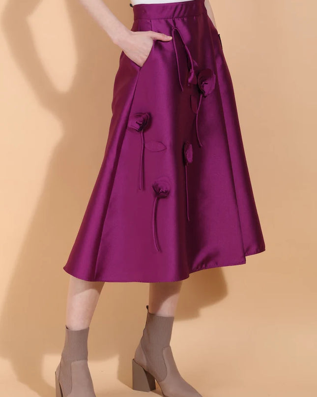 Wool Silk Blended Wrap Skirt with Flower Appliqué & Side Pockets