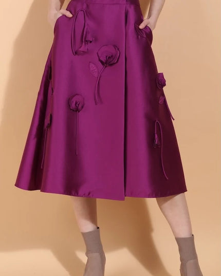 Wool Silk Blended Wrap Skirt with Flower Appliqué & Side Pockets