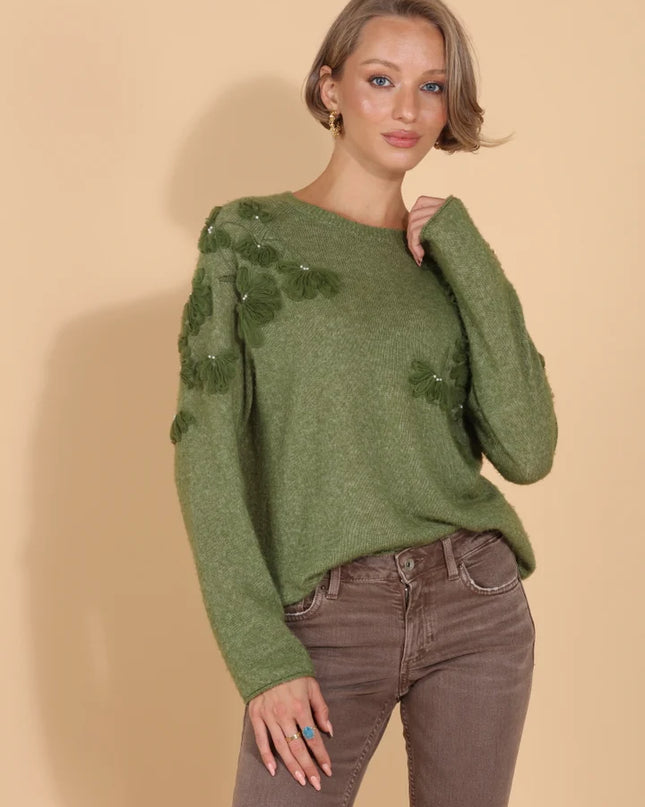 Merino Wool Cashmere Blend Raglan Sleeve Pullover with Appliqué