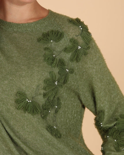 Merino Wool Cashmere Blend Raglan Sleeve Pullover with Appliqué
