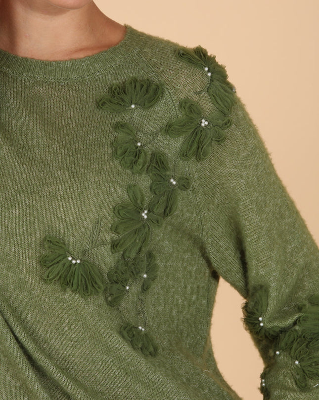 Merino Wool Cashmere Blend Raglan Sleeve Pullover with Appliqué