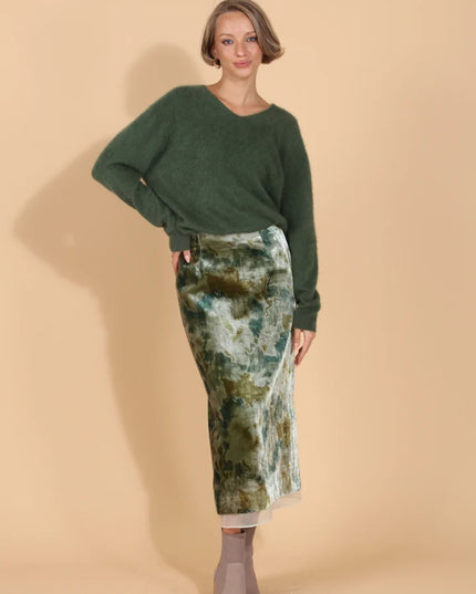 Printed Velvet Skirt with Organza Trim Hem