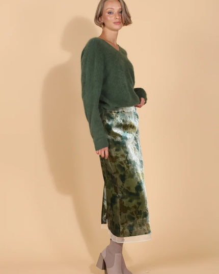 Printed Velvet Skirt with Organza Trim Hem