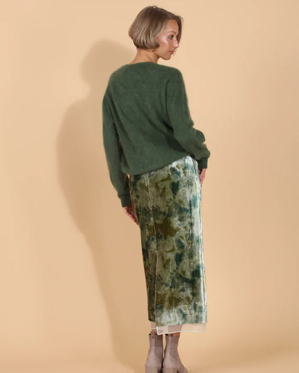 Printed Velvet Skirt with Organza Trim Hem