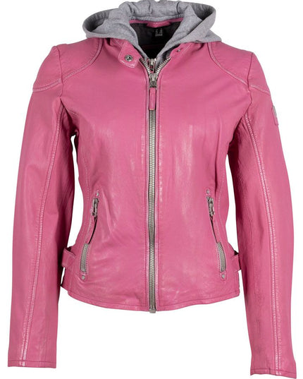 Mauritius Leather Jacket. Women's pink lambskin leather jacket. Fully removable hoodie. Mackinac Island clothing store