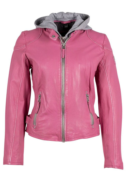 Mauritius Leather Jacket. Women's pink lambskin leather jacket. Fully removable hoodie. Mackinac Island clothing store