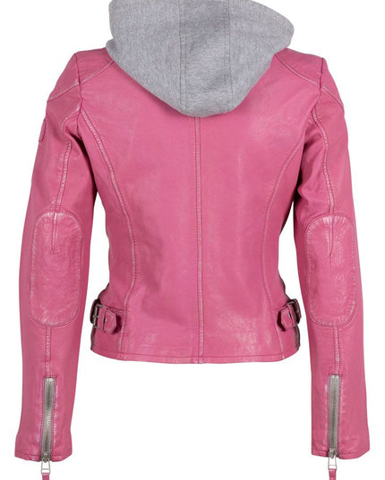 Mauritius Leather Jacket. Women's pink lambskin leather jacket. Fully removable hoodie. Mackinac Island clothing store
