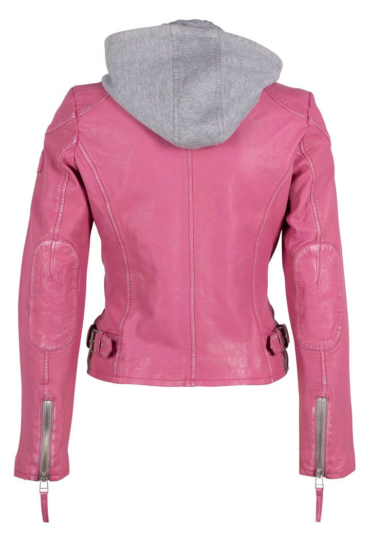 Mauritius Leather Jacket. Women's pink lambskin leather jacket. Fully removable hoodie. Mackinac Island clothing store