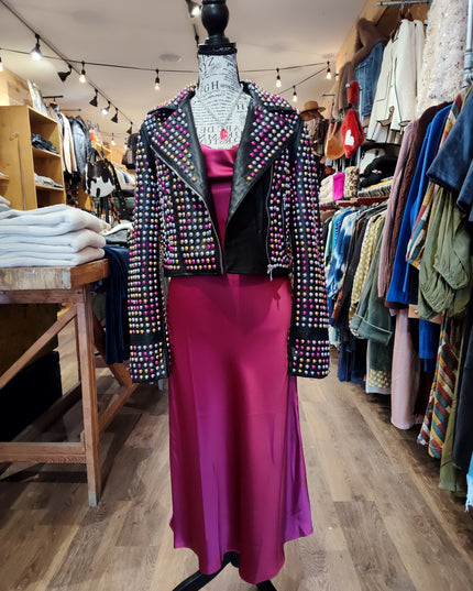 WOMEN'S CROPPED BELTED MOTO JACKET W/ COLORFUL STUDS