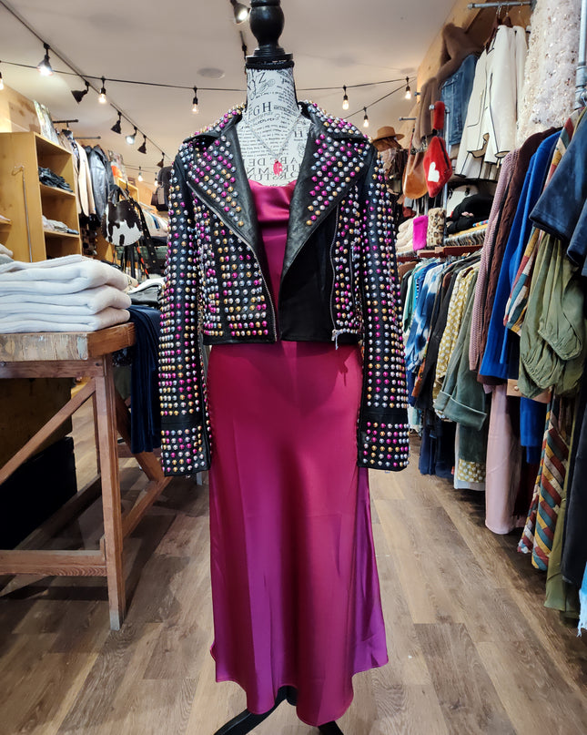 WOMEN'S CROPPED BELTED MOTO JACKET W/ COLORFUL STUDS