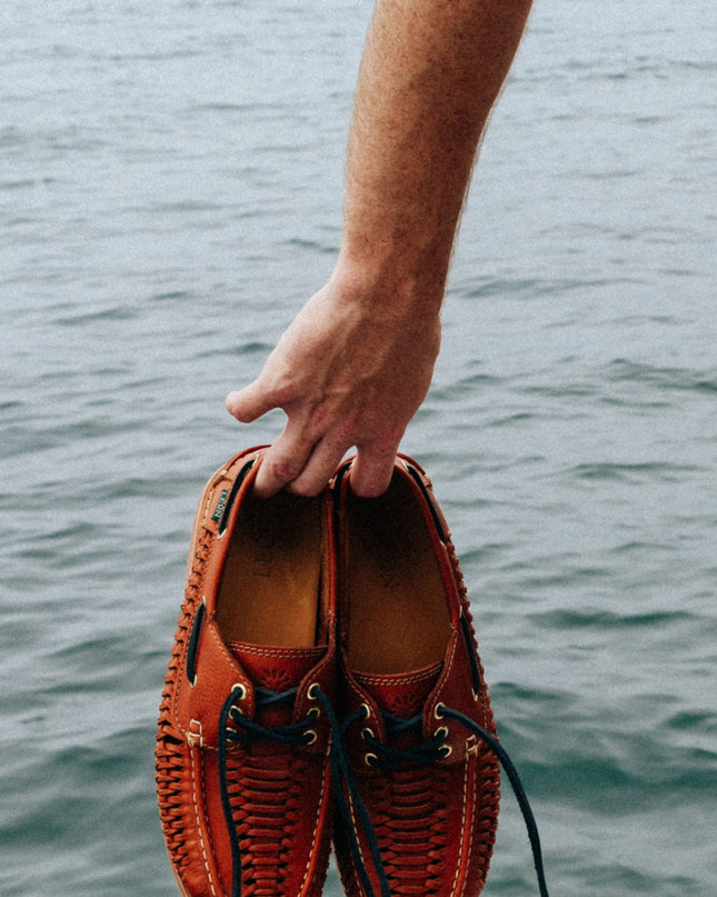 Men's Woven Leather Boat Shoe - Cognac