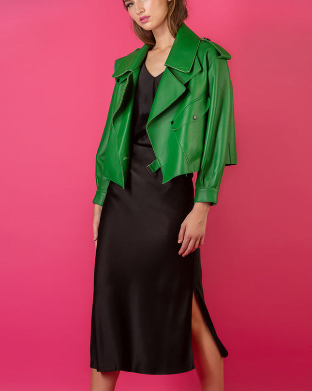 Jessie Liu Collection women's leather jacket. "Finest lambskin leather creates a soft, lightweight feel in this Moto Jacket. Sophisticated twist on classic style, with binding lining for comfort. Hidden button closure. Available at Rustic Chic Boutique Mackinac Island, Michigan