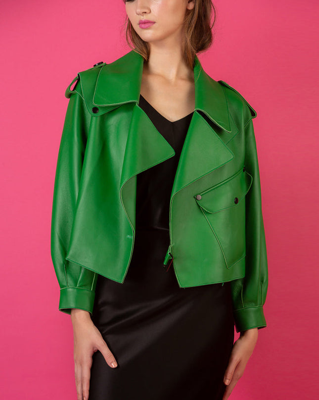 Jessie Liu Collection women's leather jacket. "Finest lambskin leather creates a soft, lightweight feel in this Moto Jacket. Sophisticated twist on classic style, with binding lining for comfort. Hidden button closure. Available at Rustic Chic Boutique Mackinac Island, Michigan