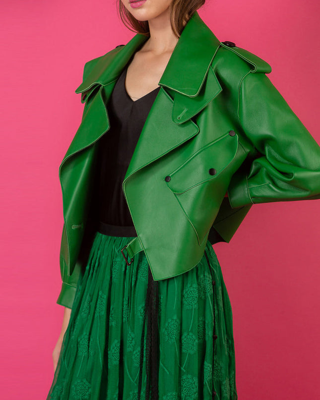 Jessie Liu Collection women's leather jacket. "Finest lambskin leather creates a soft, lightweight feel in this Moto Jacket. Sophisticated twist on classic style, with binding lining for comfort. Hidden button closure. Available at Rustic Chic Boutique Mackinac Island, Michigan