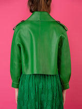 Jessie Liu Collection women's leather jacket. "Finest lambskin leather creates a soft, lightweight feel in this Moto Jacket. Sophisticated twist on classic style, with binding lining for comfort. Hidden button closure. Available at Rustic Chic Boutique Mackinac Island, Michigan