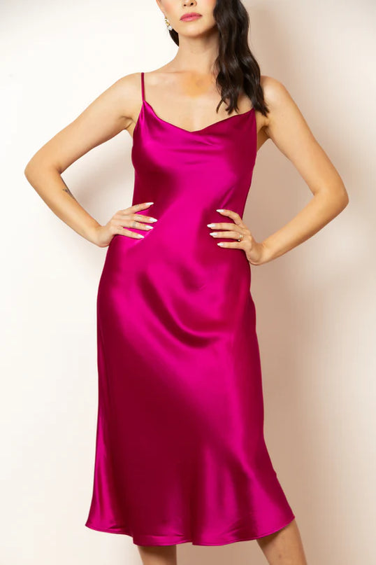 Satin Cowl Neck Dress - Fuchsia