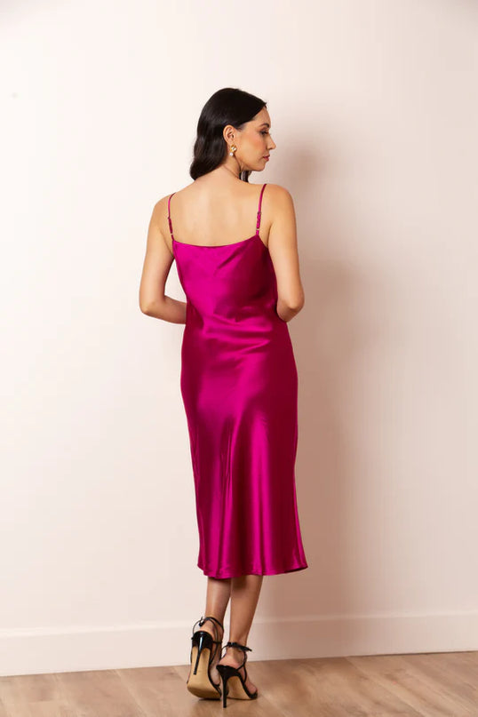 Satin Cowl Neck Dress - Fuchsia