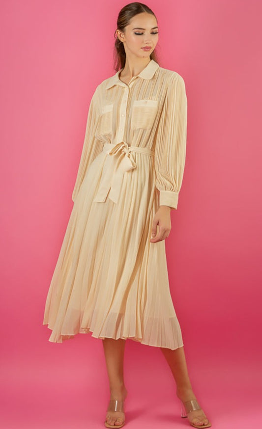 Jessie Liu Collection. Pleated button-down shirt dress. Beige color. 100% Polyester. Summer dress. Available at Rustic Chic Boutique, Mackinac Island Michigan.