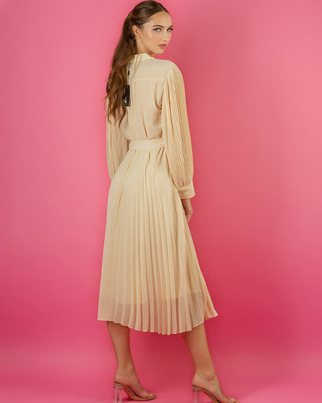 Jessie Liu Collection. Pleated button-down shirt dress. Beige color. 100% Polyester. Summer dress. Available at Rustic Chic Boutique, Mackinac Island Michigan.
