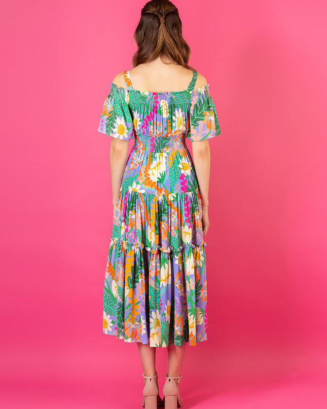 Jessie Liu Collection. 100% Silk. Summer floral print optional cold shoulder tiered dress with smocking details on the shoulder and waist. Summer dress. Available at Rustic Chic Boutique, Mackinac Island Michigan