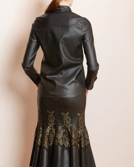 Pleather Trumpet Skirt with Lace appliqué