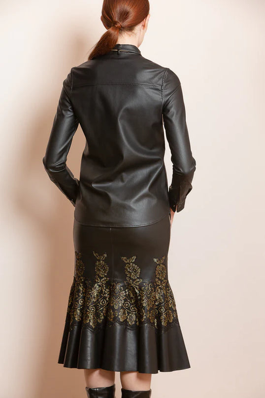 Pleather Trumpet Skirt with Lace appliqué