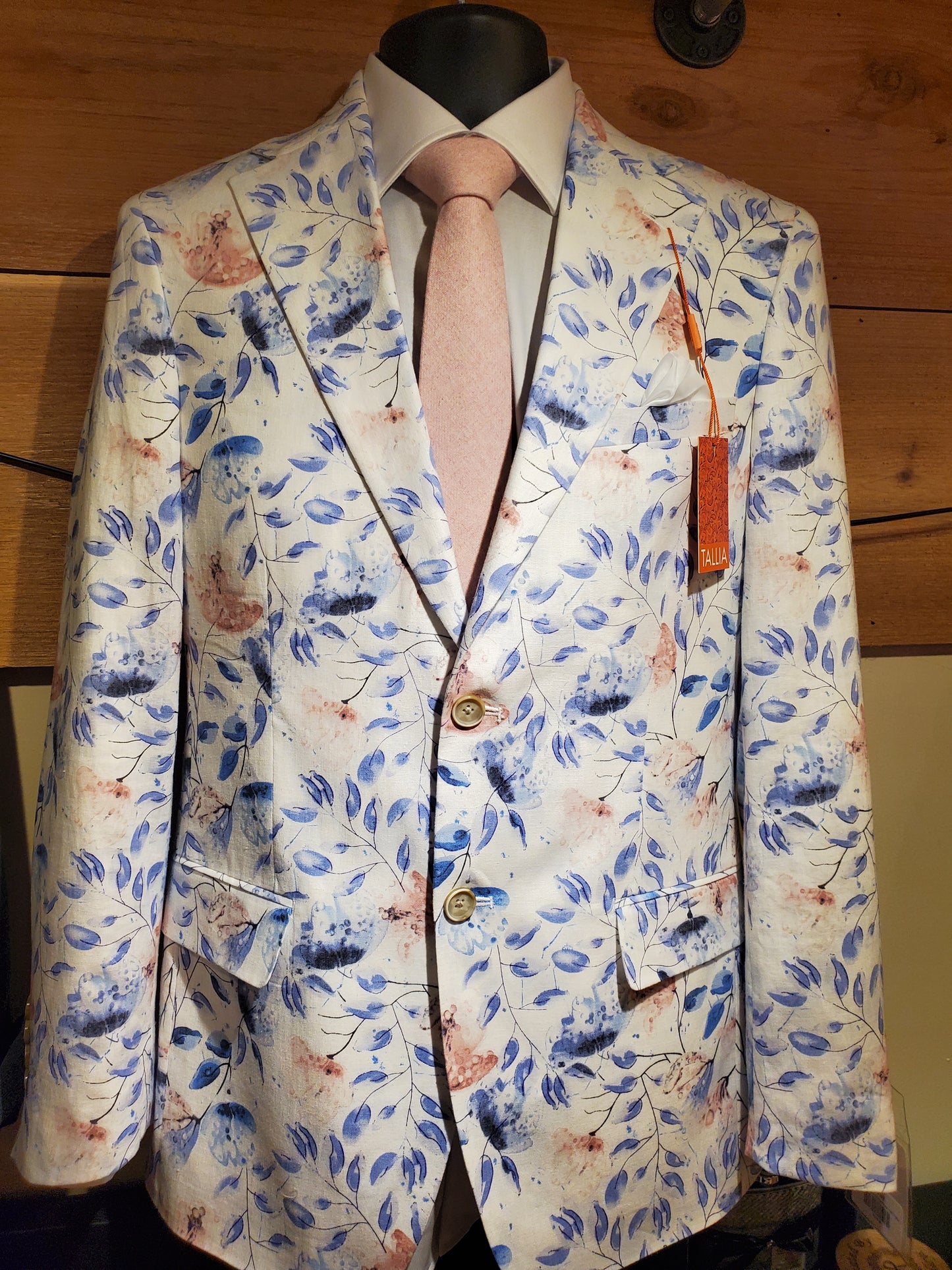 White and mauve floral linen summer sports jacket; cut to order. Mackinac Island boutique