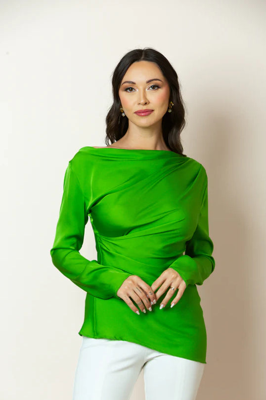 Athena Asymmetrical Shoulder Silk Top in Kiwi