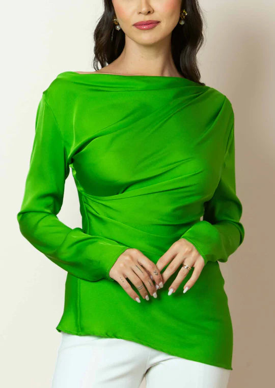 Athena Asymmetrical Shoulder Silk Top in Kiwi