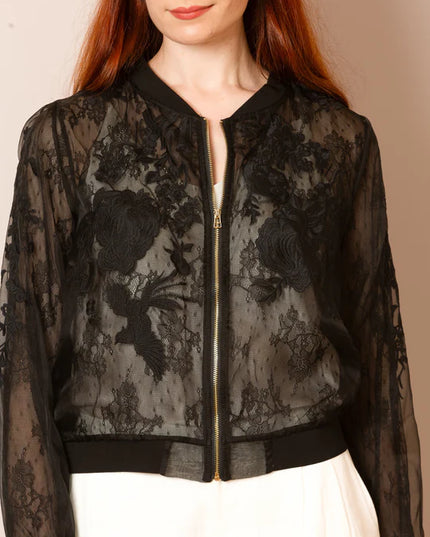 Iris Tulle Lace Combo Bomber Jacket in Black