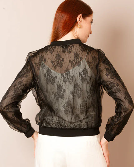 Iris Tulle Lace Combo Bomber Jacket in Black