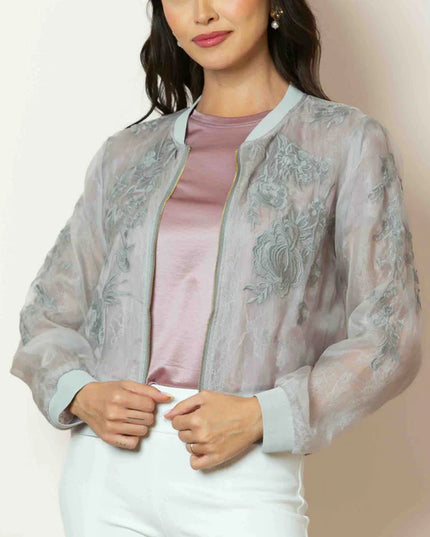 Iris Tulle Lace Combo Bomber Jacket in Grey