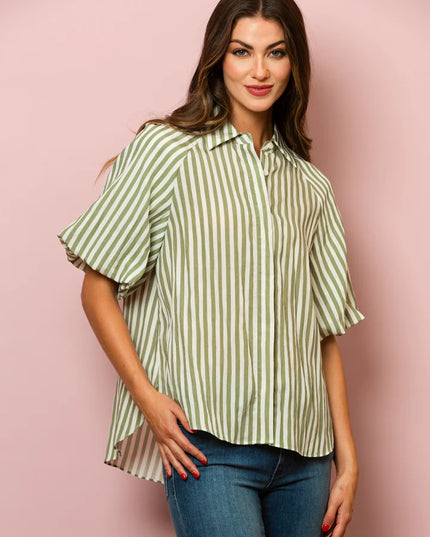Lyocell Stripe Short Sleeve Shirt In Green Stripe