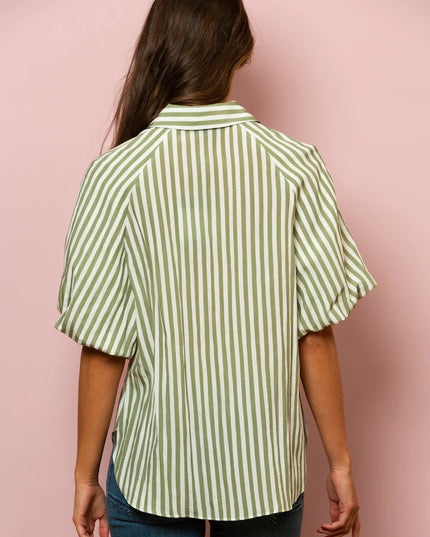 Lyocell Stripe Short Sleeve Shirt In Green Stripe