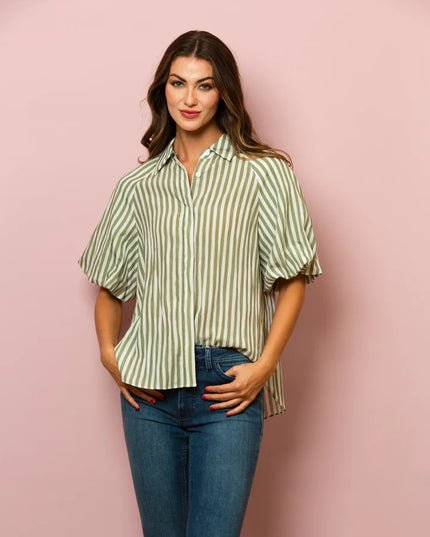 Lyocell Stripe Short Sleeve Shirt In Green Stripe