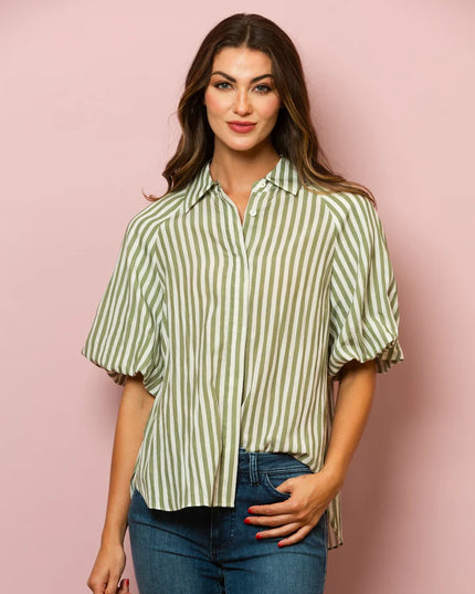 Lyocell Stripe Short Sleeve Shirt In Green Stripe