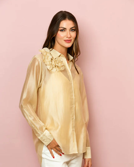 Button Down Shirt with Flower Applique In Beige