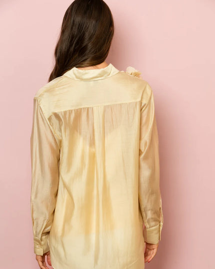 Button Down Shirt with Flower Applique In Beige