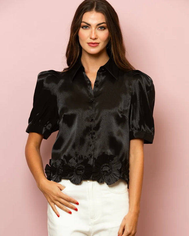 Puff Sleeve Button Down Blouse with Flower Appliques on the Hem In Black