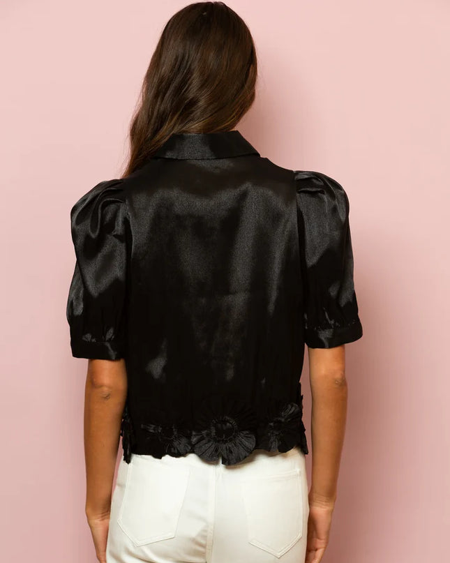 Puff Sleeve Button Down Blouse with Flower Appliques on the Hem In Black
