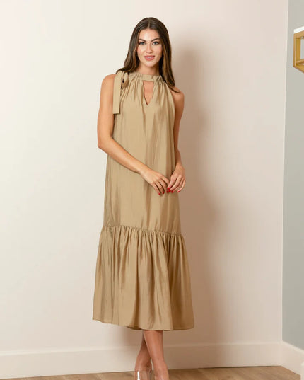 Halter Neck Maxi Dress with Gathered Hem In Beige