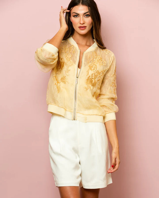 Iris Tulle Lace Combo Bomber Jacket In Champagne